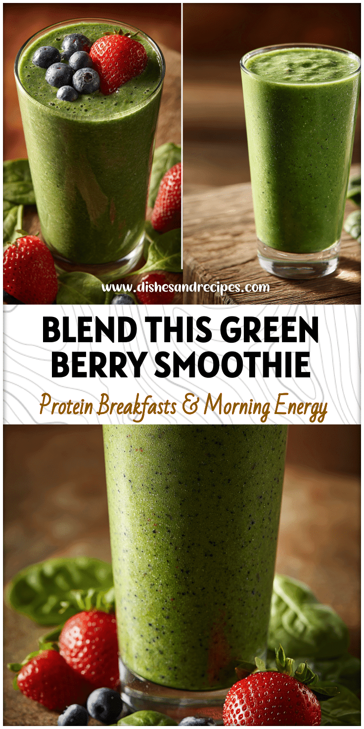 Healthy Green Berry Smoothie with spinach, strawberries, and blueberries in a tall glass.
